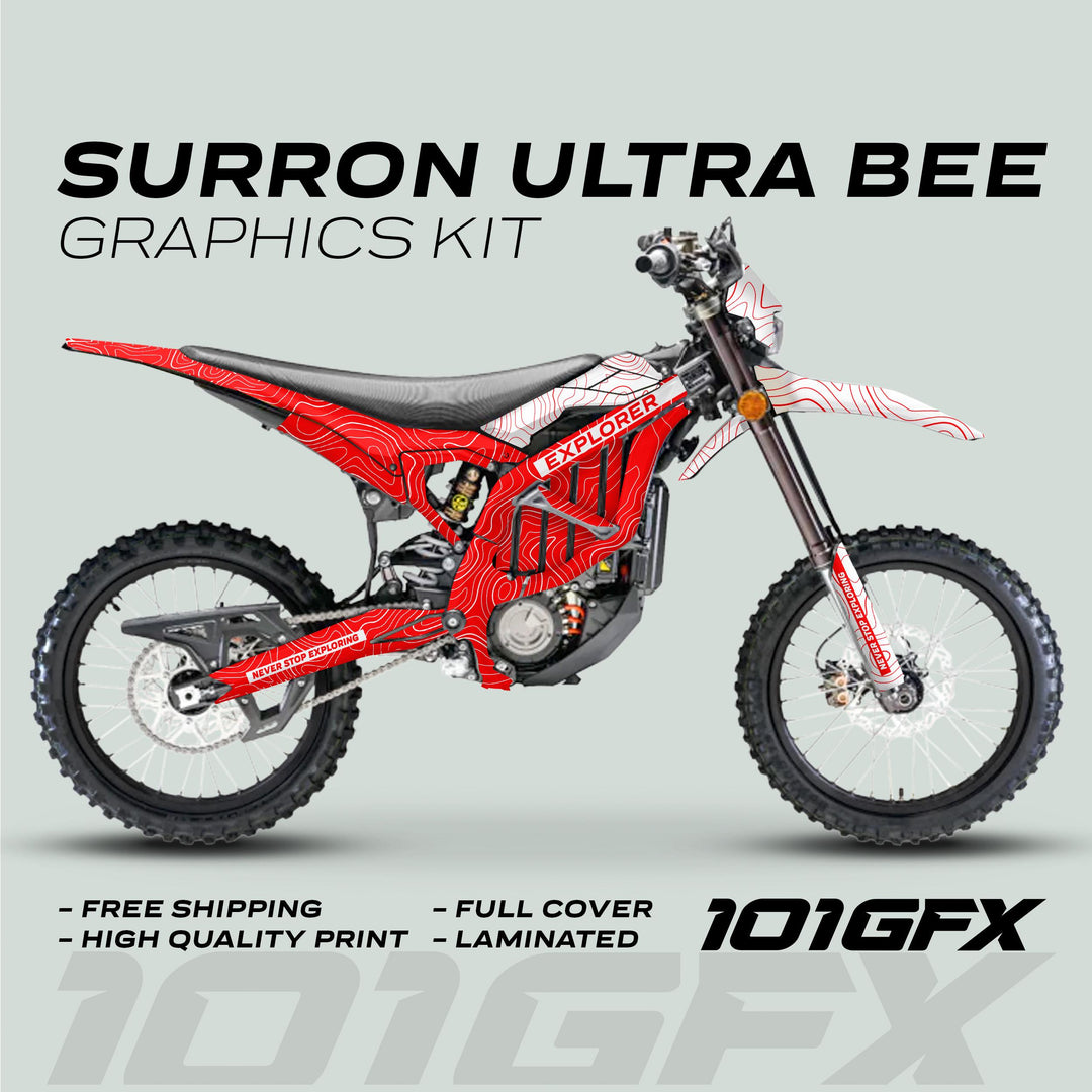 Surron Ultra Bee Graphics Kit EXPLORER RED WHITE on electric dirt-bike, featuring topographic lines, “Never Stop Exploring” slogan, and vendor logo 101GFX.