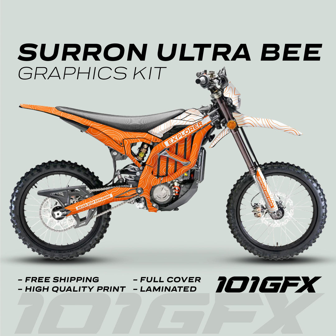 Surron Ultra Bee Graphics Kit EXPLORER ORANGE WHITE on electric dirt bike with topographic design, emphasizing durability and easy installation; features free shipping and full coverage.
