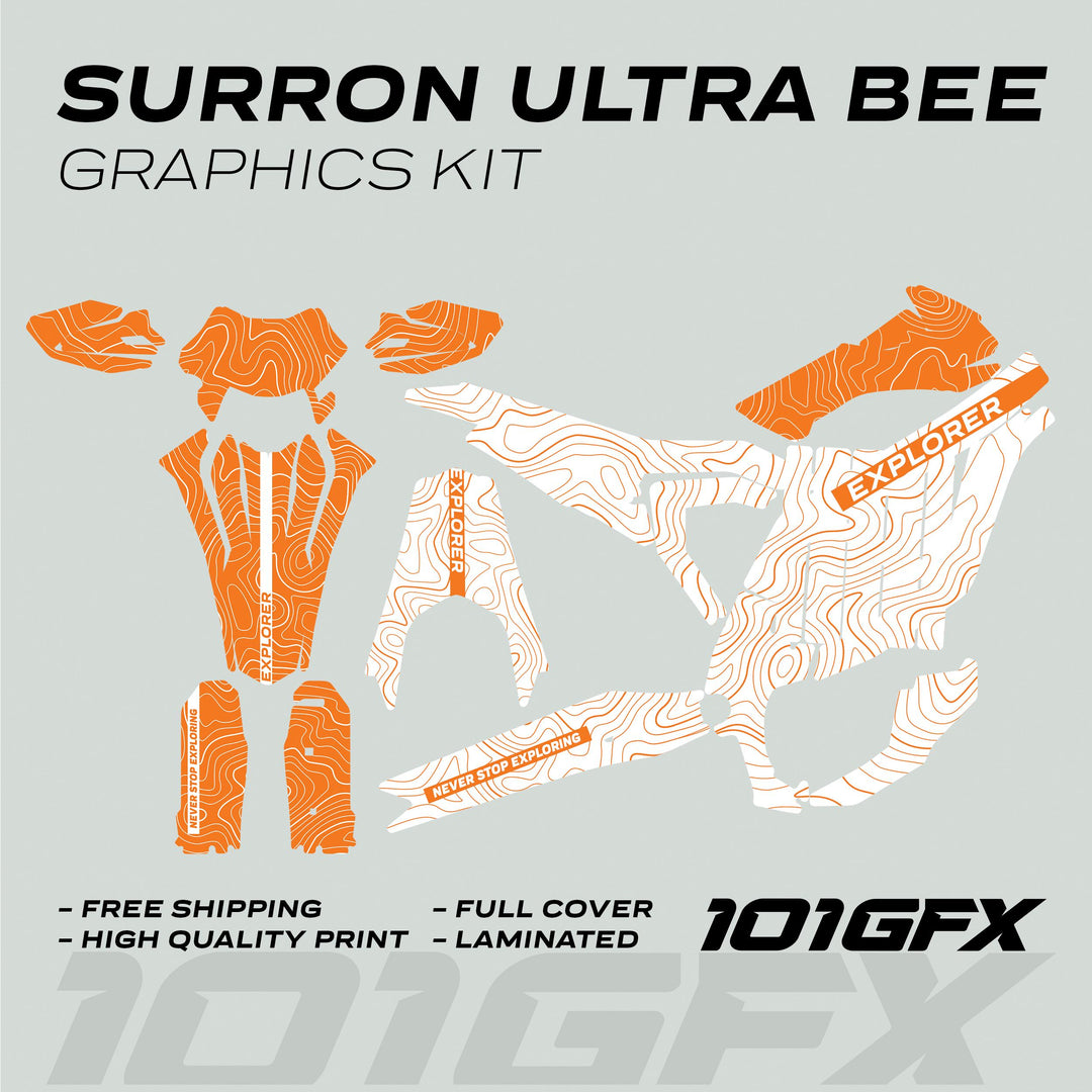 Surron Ultra Bee Graphics Kit EXPLORER WHITE ORANGE features die-cut decals for dirt-bike parts with slogans, highlighting durability and vibrant designs.