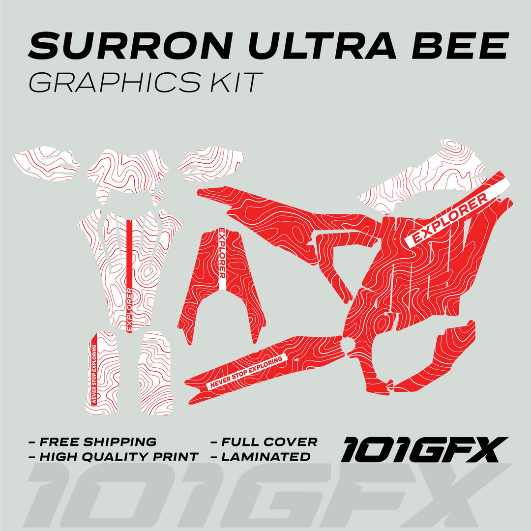 Surron Ultra Bee Graphics Kit EXPLORER RED WHITE with red-and-white topographic patterns and decals. Includes die-cut shapes and features like Explorer callouts.