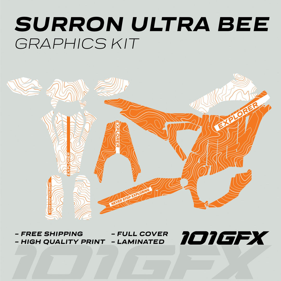 Surron Ultra Bee Graphics Kit EXPLORER ORANGE WHITE with topographic pattern, cut-outs for panels, and branding, offering full coverage and durable protection for electric dirt bikes.
