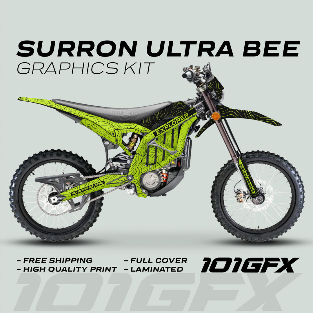 Surron Ultra Bee Graphics Kit EXPLORER GREEN BLACK on display, showcasing vibrant chartreuse/black topo-map design with features like Never Stop Exploring slogan and durable, full-coverage decals.