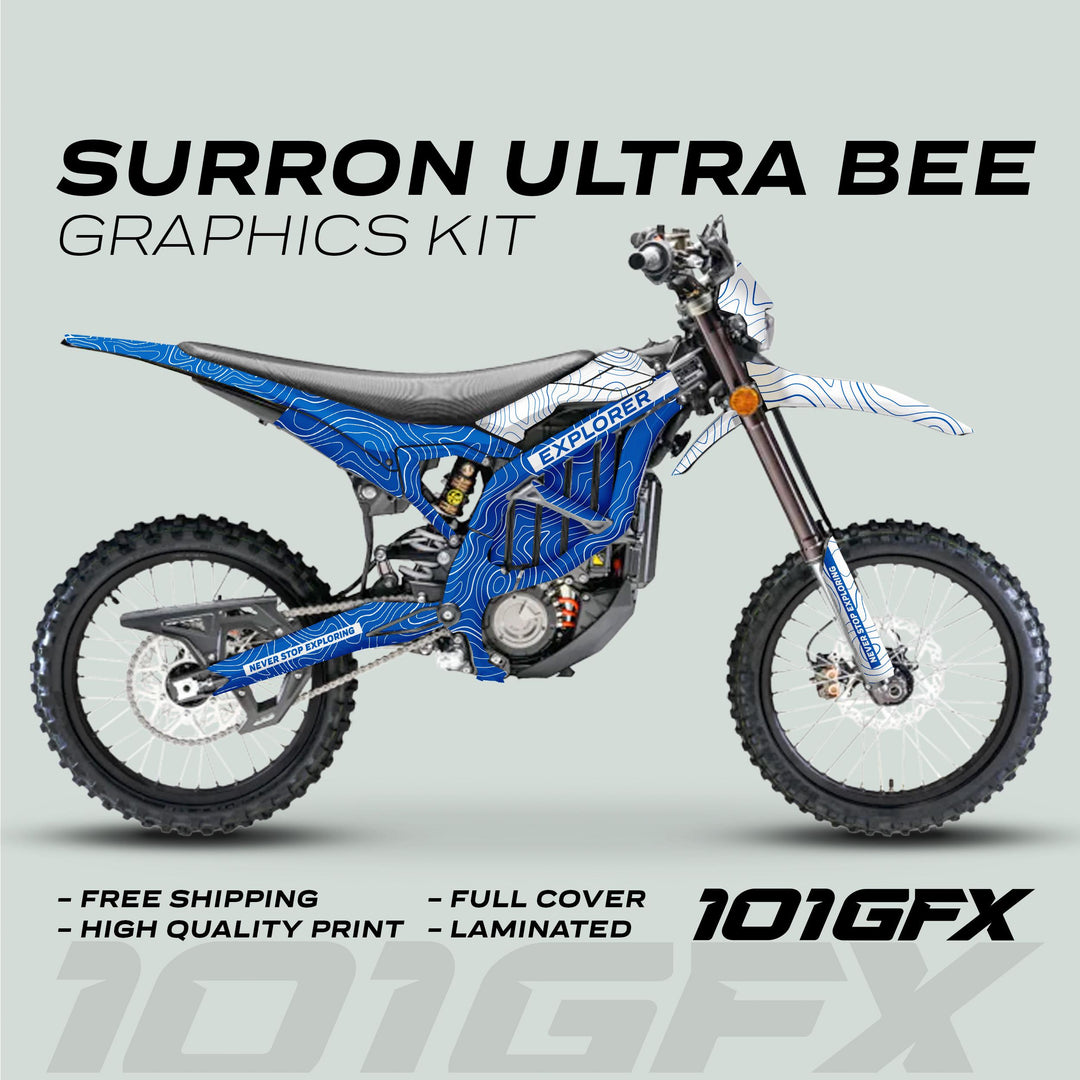 Surron Ultra Bee Graphics Kit EXPLORER BLUE WHITE on a dirt-bike, showcasing topographic-line design, highlights free shipping, quality print, and full-cover features.