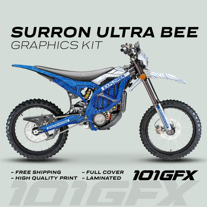 Surron Ultra Bee Graphics Kit EXPLORER BLUE WHITE on a dirt-bike, showcasing topographic-line design, highlights free shipping, quality print, and full-cover features.