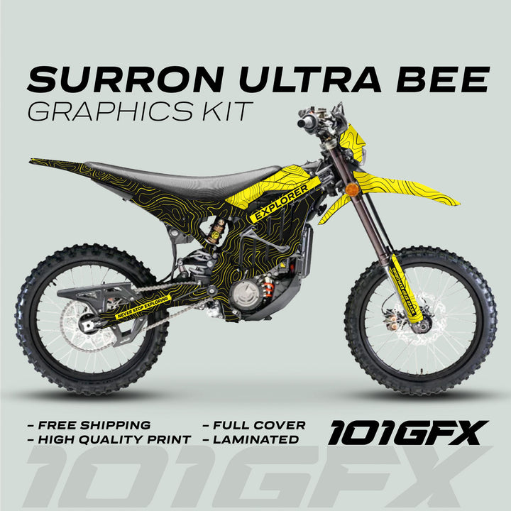 Surron Ultra Bee Graphics Kit EXPLORER BLACK YELLOW on bike, highlighting bold design, durability, easy installation, full coverage, and features like free shipping and high-quality print.
