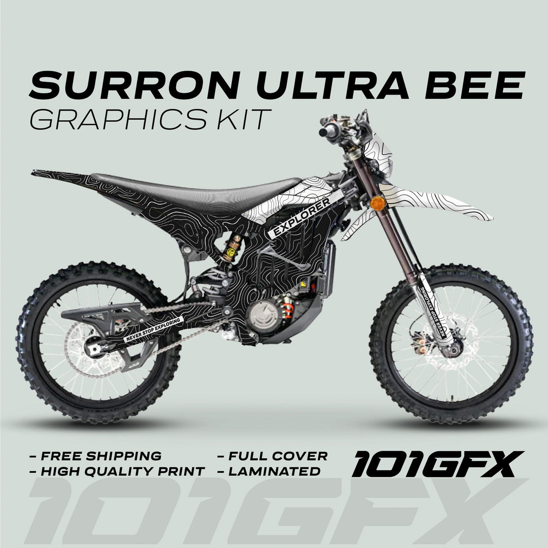 SurRon Ultra Bee electric bike with EXPLORER BLACK WHITE graphics kit, showcasing topographic decals, Explorer text, and features like laminated, full cover for enhanced style and protection.
