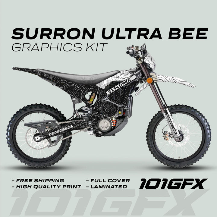 SurRon Ultra Bee electric bike with EXPLORER BLACK WHITE graphics kit, showcasing topographic decals, Explorer text, and features like laminated, full cover for enhanced style and protection.