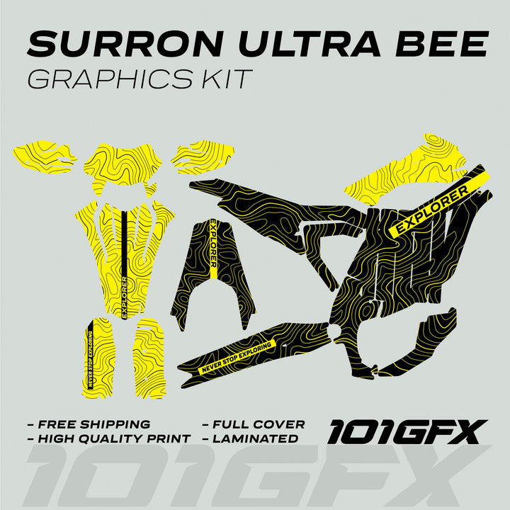 Surron Ultra Bee Graphics Kit EXPLORER BLACK YELLOW displayed with bold black-yellow contour pattern, emphasizing EXPLORER theme, showcasing durability and custom-fit for Surron bikes.