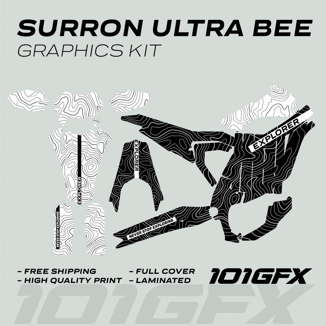 Surron Ultra Bee Graphics Kit EXPLORER BLACK WHITE with contour line pattern, showcasing cut-panel shapes for bike, emphasizing high-quality, durable, full-cover decals.
