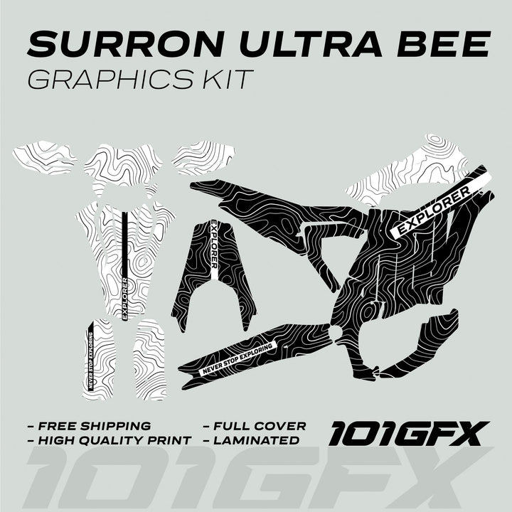 Surron Ultra Bee Graphics Kit EXPLORER BLACK WHITE with contour line pattern, showcasing cut-panel shapes for bike, emphasizing high-quality, durable, full-cover decals.