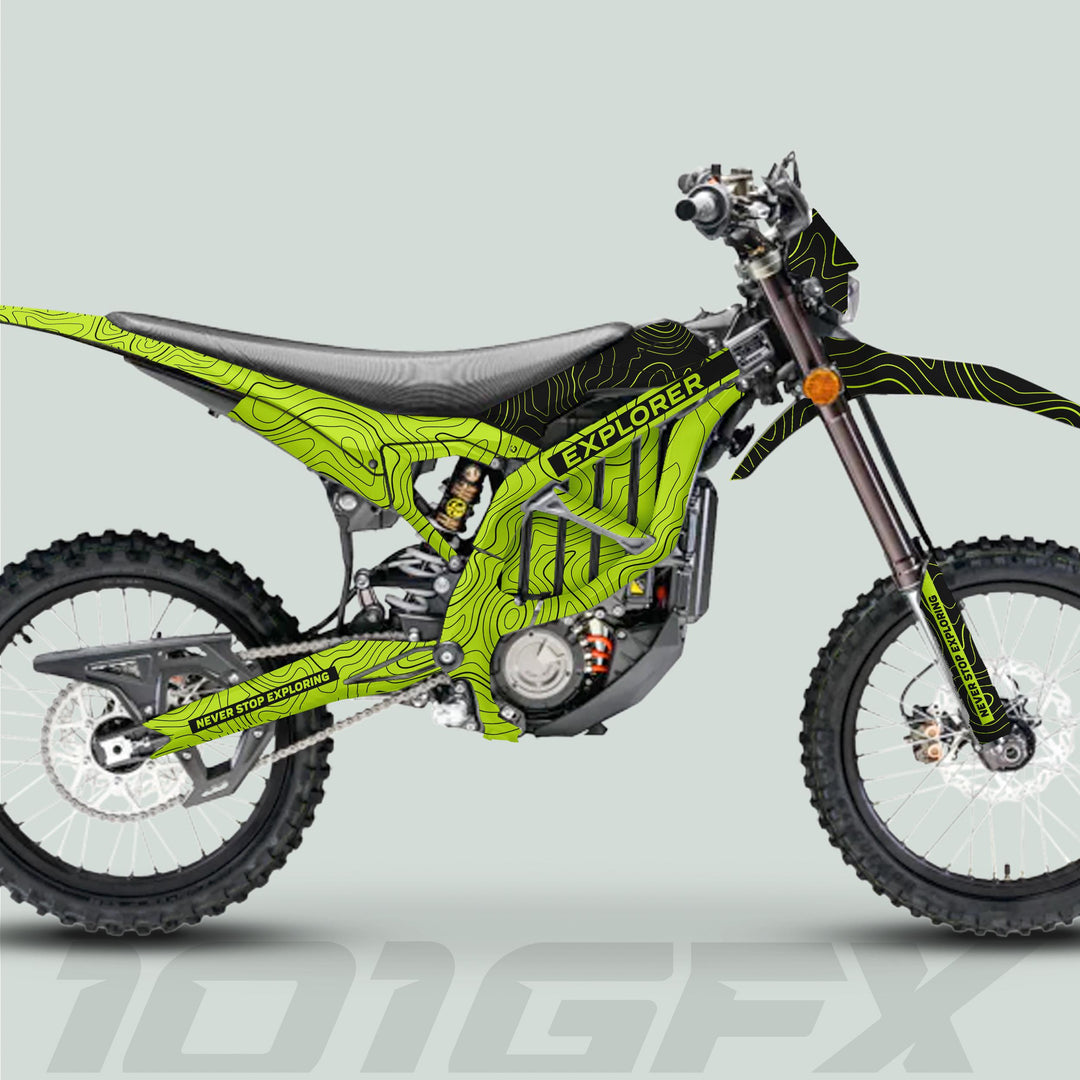Side-view of Sur Ron Ultra Bee Graphics Kit EXPLORER GREEN BLACK, showcasing topographic patterns, EXPLORER text, and NEVER STOP EXPLORING on swingarm and fork guards.