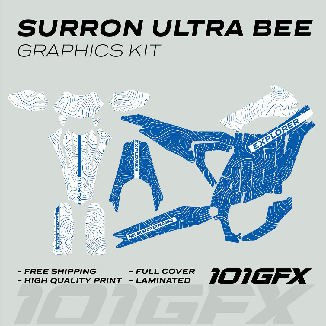 Surron Ultra Bee Graphics Kit EXPLORER BLUE WHITE displays vinyl decals with contour-line patterns, labels like EXPLORER, and selling points, highlighting style and durability.