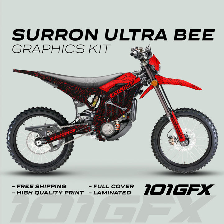 Surron Ultra Bee Graphics Kit EXPLORER BLACK RED, featuring red-and-black contour-map decals on bike’s plastics, emphasizing durability, easy installation, and custom fit.