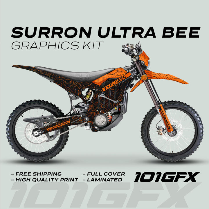 Surron Ultra Bee Graphics Kit EXPLORER BLACK ORANGE on bike; features topographic design, Never Stop Exploring text, highlighted for durability, full coverage, and free shipping.