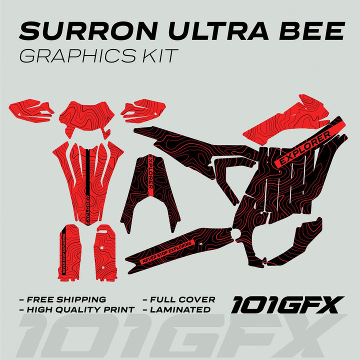 Surron Ultra Bee Graphics Kit EXPLORER BLACK RED with die-cut vinyl pieces featuring topographic lines, EXPLORER text, and key features like high-quality print and full cover.
