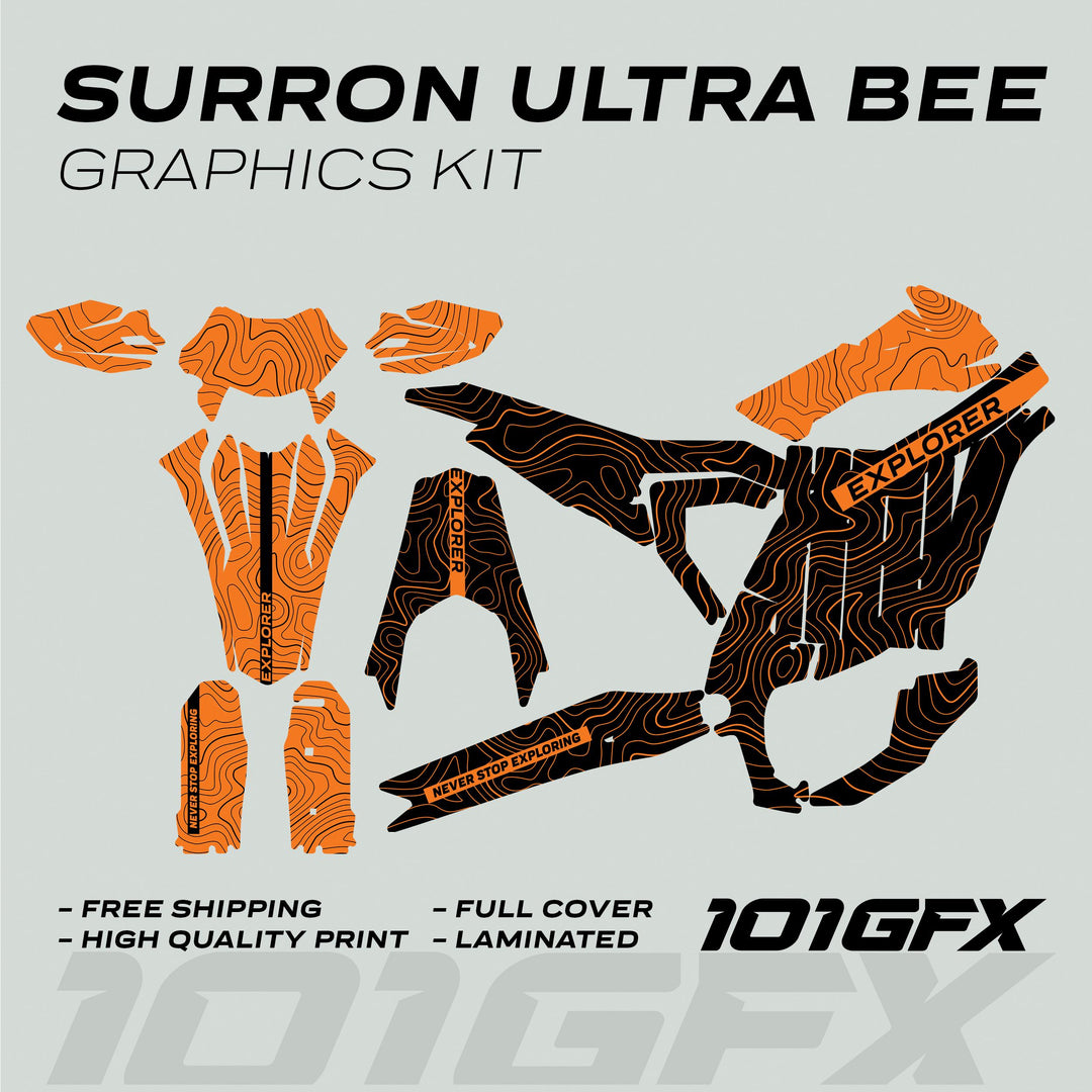 Surron Ultra Bee Graphics Kit EXPLORER BLACK ORANGE, featuring black and orange topo-map styled decals for a full-cover bike upgrade, highlighting free shipping and high-quality print.