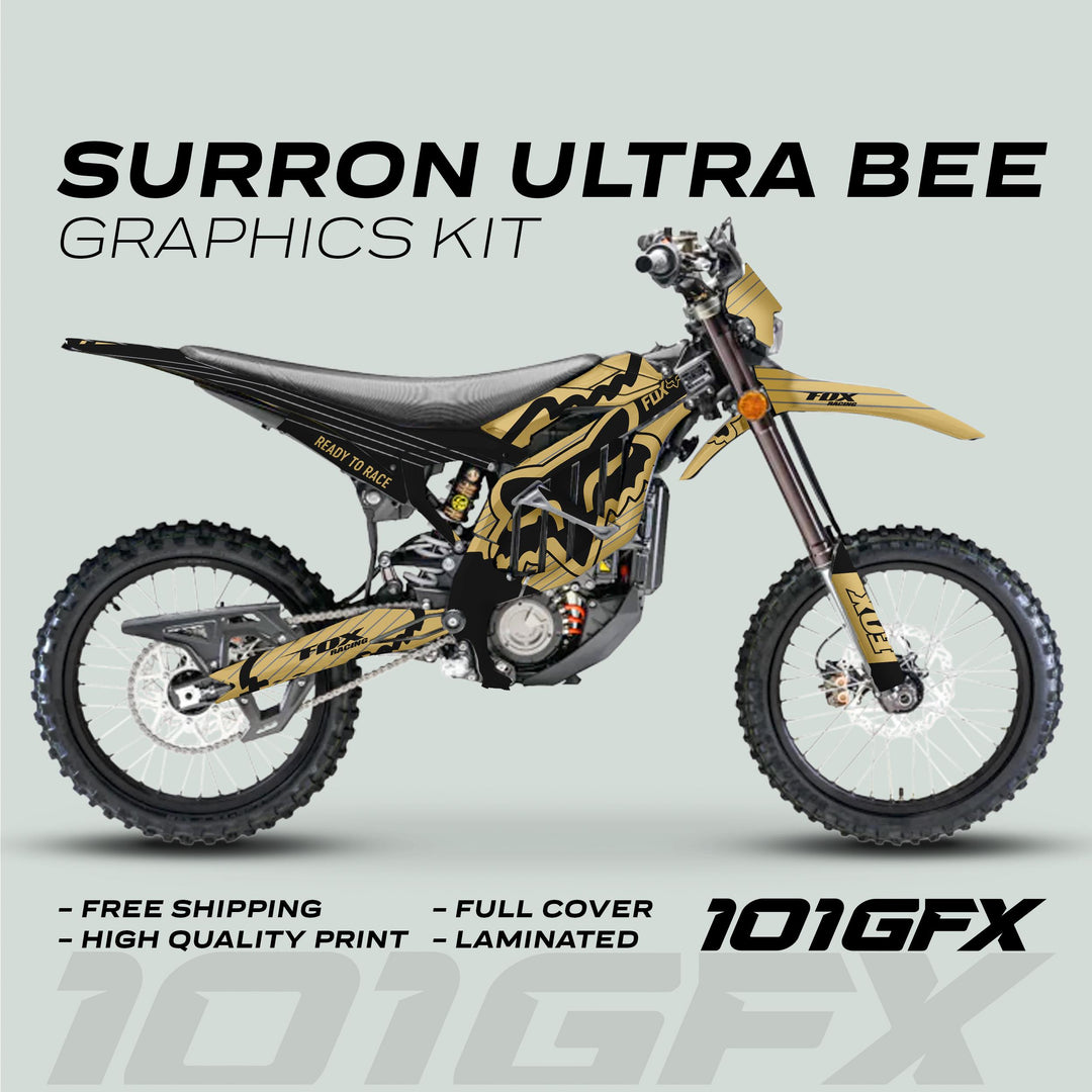 Sur-Ron Ultra Bee bike fitted with FOX STRIPES Sand Black graphics kit, highlighting durability, custom fit, and premium quality. Includes free shipping and high-quality laminated print.