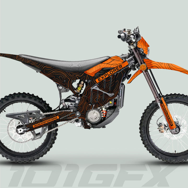 Side-view of a Sur Ron Ultra Bee with EXPLORER BLACK ORANGE graphics, featuring topographic contour lines and text, designed for durability and style on trails.