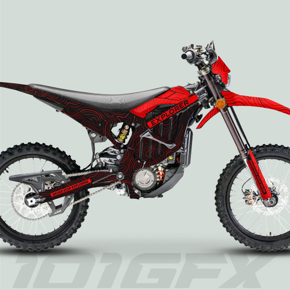 Side-profile of a dirt bike with Surron Ultra Bee Graphics Kit EXPLORER BLACK RED, featuring red-and-black topographic wrap, EXPLORER text, and knobby tires.