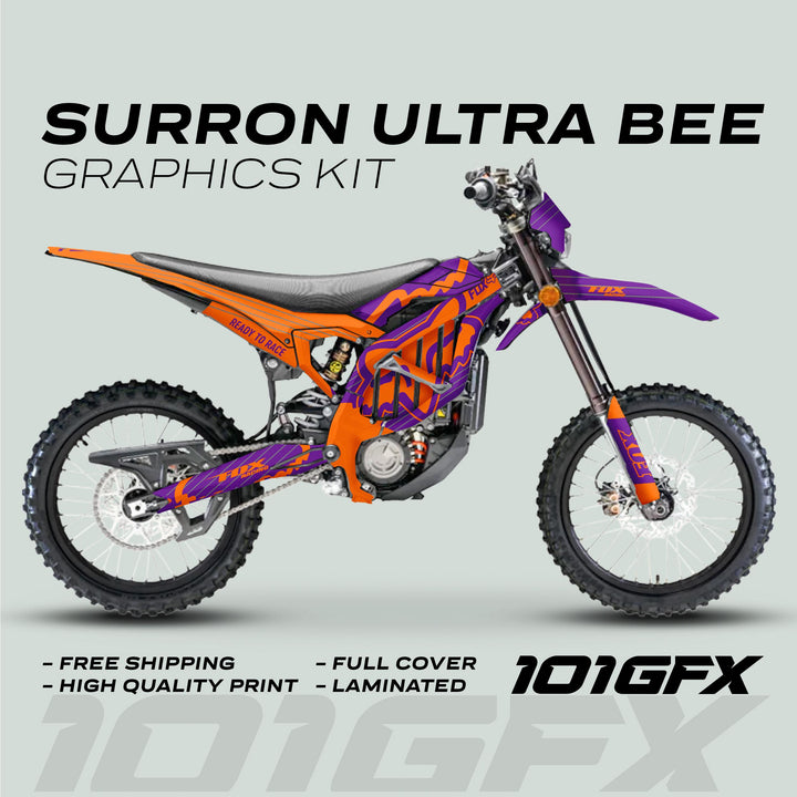 Surron Ultra Bee Graphics Kit FOX STRIPES Purple Orange displayed on bike, highlighting bold vinyl wrap. Features include free shipping and high-quality, full-cover laminated design.