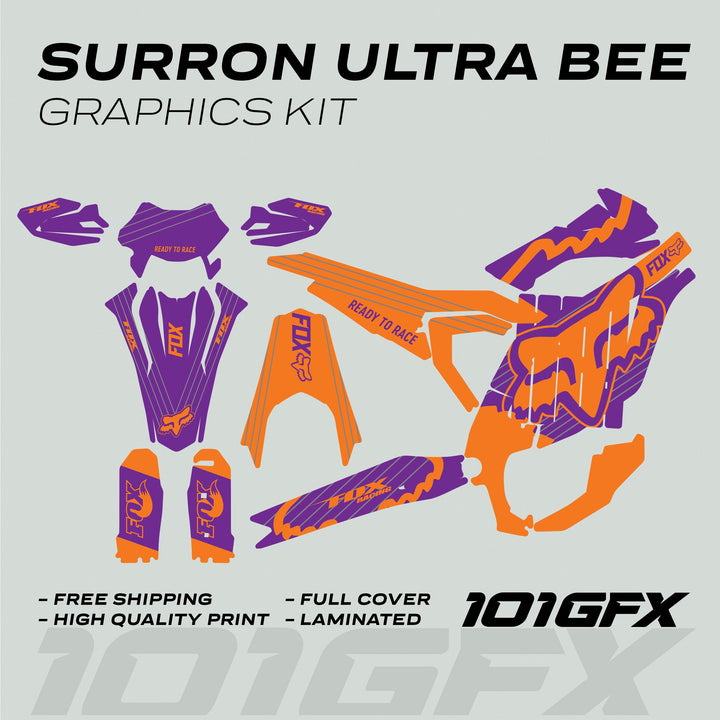 Surron Ultra Bee Graphics Kit FOX STRIPES Purple Orange displayed, showing precision-cut vinyl pieces for a Surron bike, highlighting features like full coverage and durability.