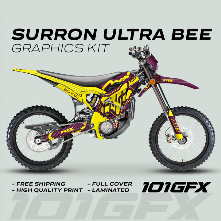 Surron Ultra Bee Graphics Kit FOX STRIPES Purple Yellow displayed on an electric dirt-bike, highlighting vibrant decal design with free shipping and high-quality, laminated full coverage.