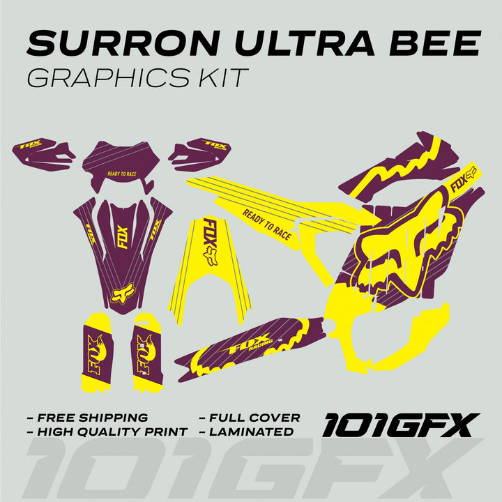 Surron Ultra Bee Graphics Kit FOX STRIPES Purple Yellow, showcasing vinyl cut-outs for a dirt-bike with a vibrant design and Ready to Race slogan.