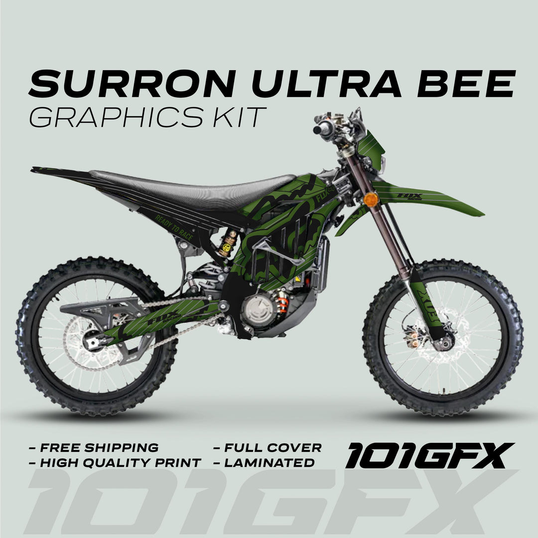 Surron Ultra Bee Graphics Kit FOX STRIPES Moss Black on electric dirt-bike, featuring custom green-and-black design, high-quality print, full cover, laminated finish, and free shipping offer.