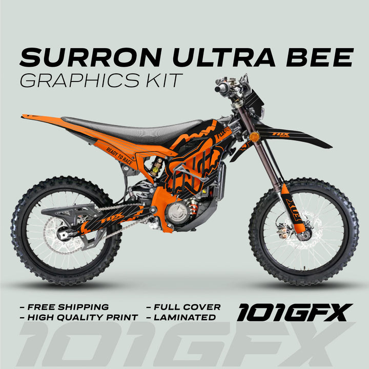 Surron Ultra Bee Graphics Kit FOX STRIPES Black Orange displayed on a dirt bike, featuring bold black and orange designs, with promotional highlights and 101GFX branding.