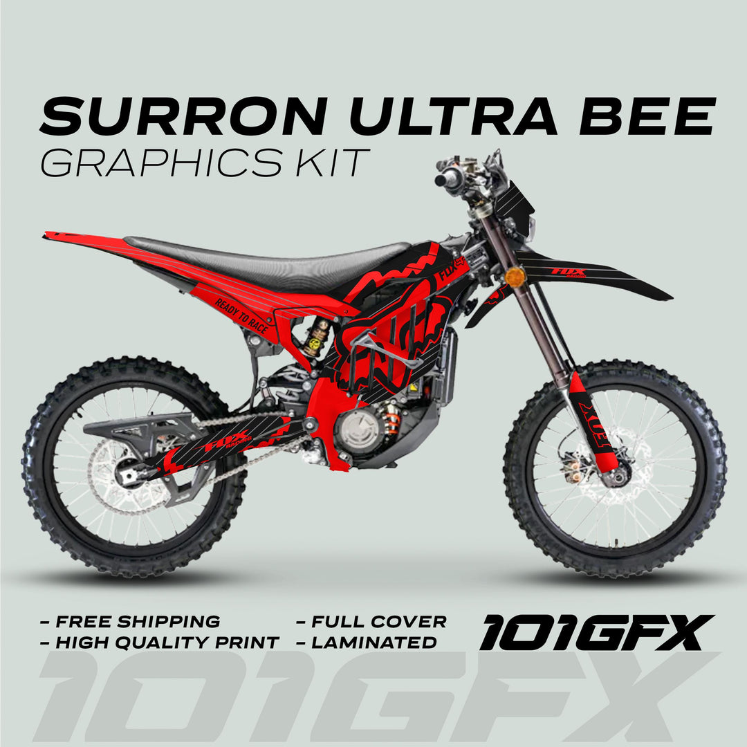 Surron Ultra Bee Graphics Kit FOX STRIPES Black Red on bike, showcasing black-red decal with FOX branding, highlighting features like full cover, high-quality print, and free shipping.