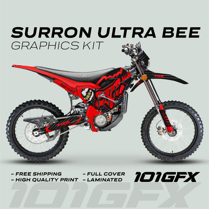 Surron Ultra Bee Graphics Kit FOX STRIPES Black Red on bike, showcasing black-red decal with FOX branding, highlighting features like full cover, high-quality print, and free shipping.