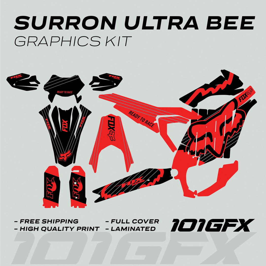 Surron Ultra Bee Graphics Kit FOX STRIPES Black Red, featuring red-black vinyl pieces with FOX logos, READY TO RACE slogan; includes headers, fenders, and laminated decals.