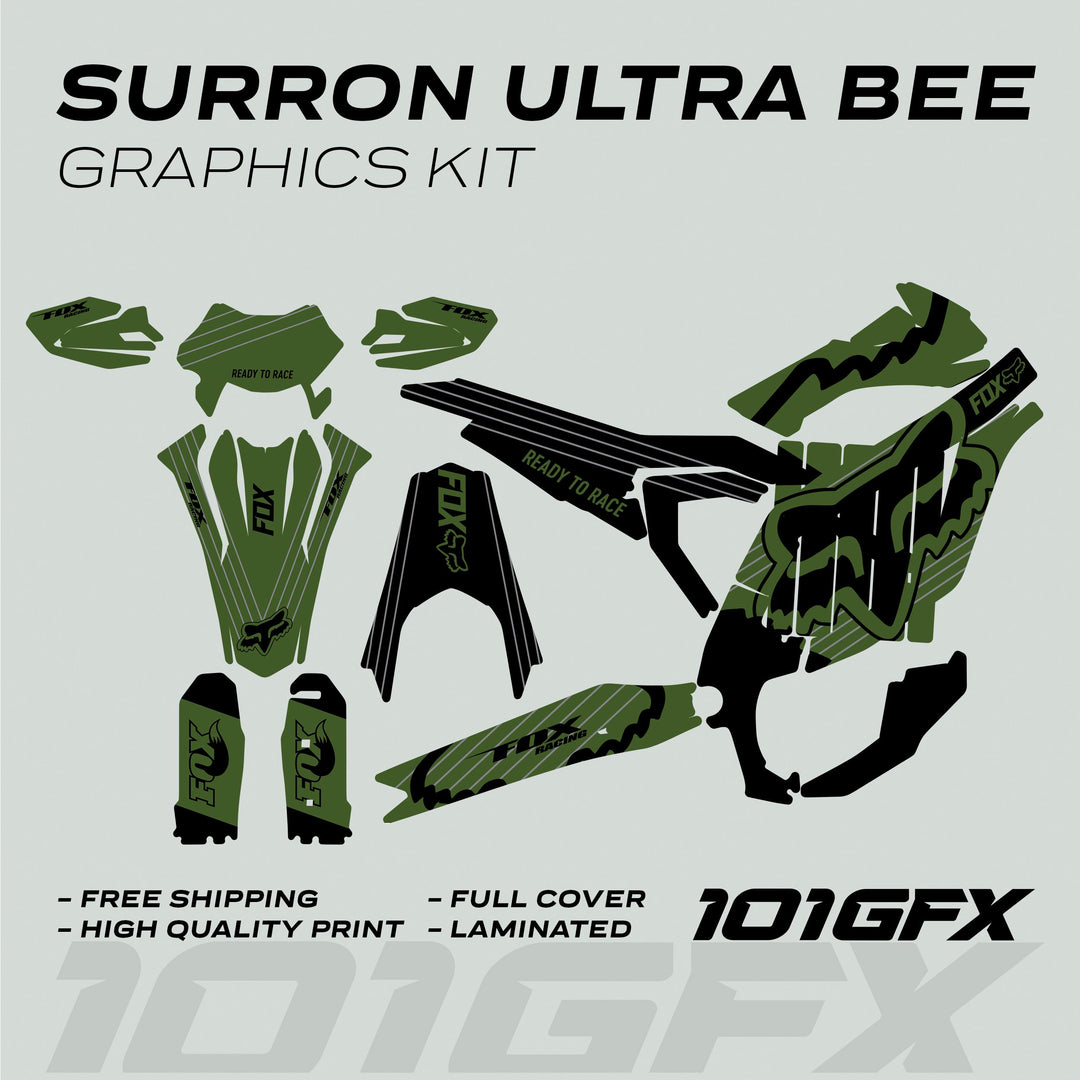 Surron Ultra Bee Graphics Kit FOX STRIPES Moss Black with decals for fenders, panels, forks, swingarms, featuring Fox logos and Ready To Race text.