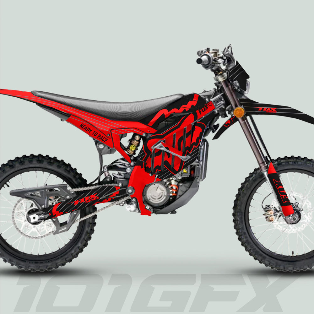 Surron Ultra Bee Graphics Kit FOX STRIPES Black Red on a race-ready dirt bike with knobby tires, inverted forks, and READY TO RACE fender stencil.