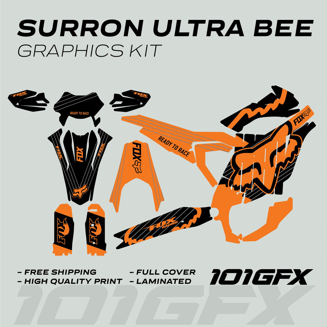 Surron Ultra Bee Graphics Kit FOX STRIPES Black Orange, featuring Fox Racing-style decals for bike panels, enhancing aesthetics and protection with vibrant black and orange details.