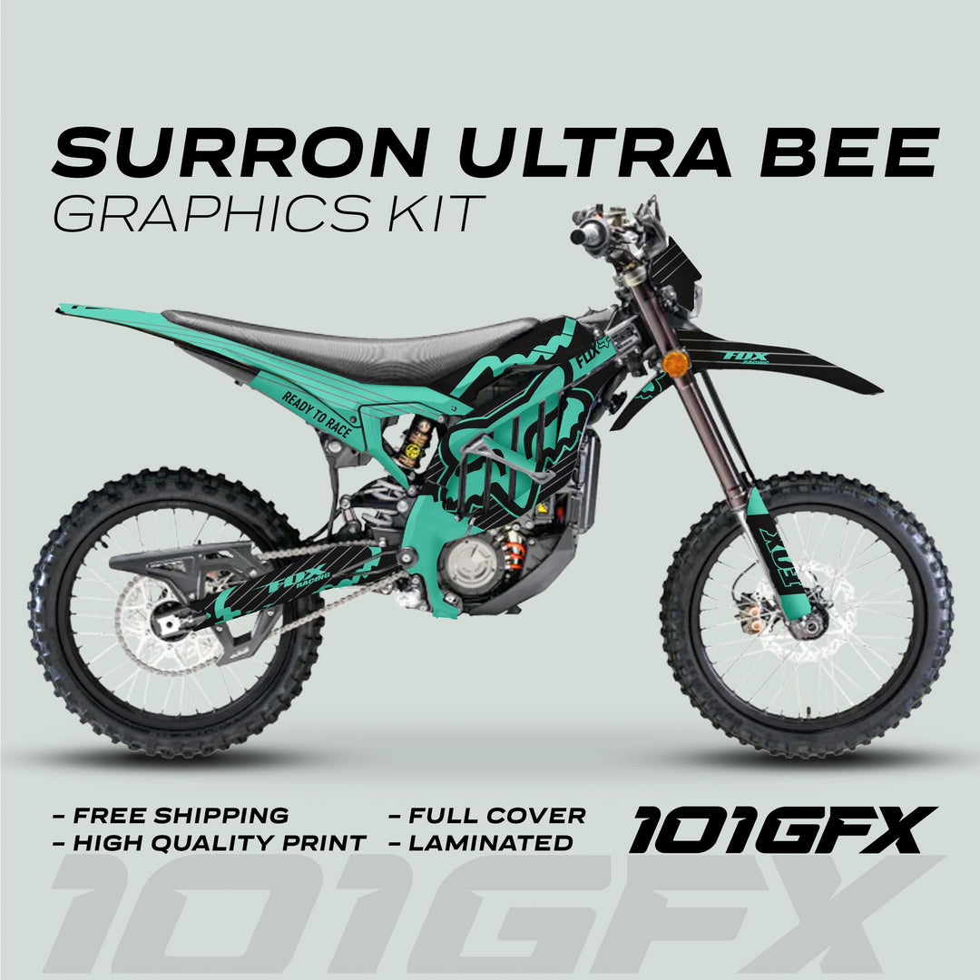 Surron Ultra Bee Graphics Kit FOX STRIPES Black Mint on electric dirt bike, featuring “Ready to Race” and “Fox Racing” decals with benefits listed below.