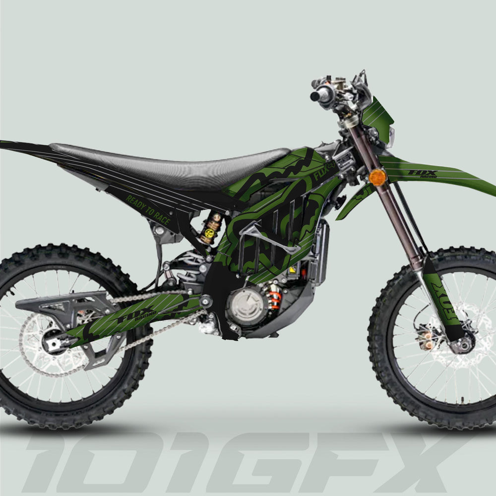 Side-view of a motocross bike with Surron Ultra Bee Graphics Kit FOX STRIPES Moss Black, showcasing knobby tires and advanced suspension, emphasizing style and performance.