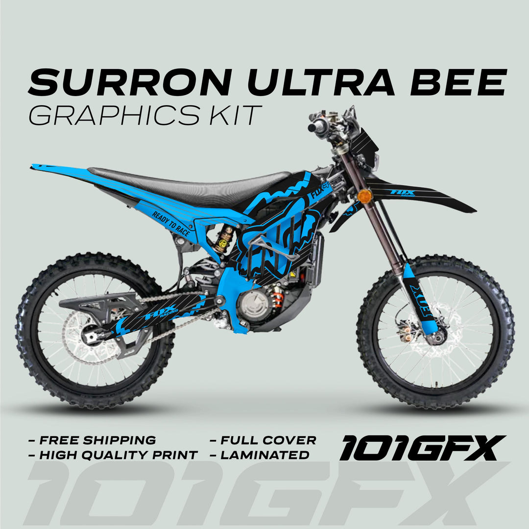 Surron Ultra Bee Graphics Kit FOX STRIPES Black Cyan on an electric off-road bike, showcasing blue-black decals with features like free shipping and laminated finish.