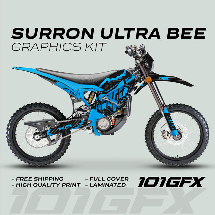 Surron Ultra Bee Graphics Kit FOX STRIPES Black Cyan on an electric off-road bike, showcasing blue-black decals with features like free shipping and laminated finish.