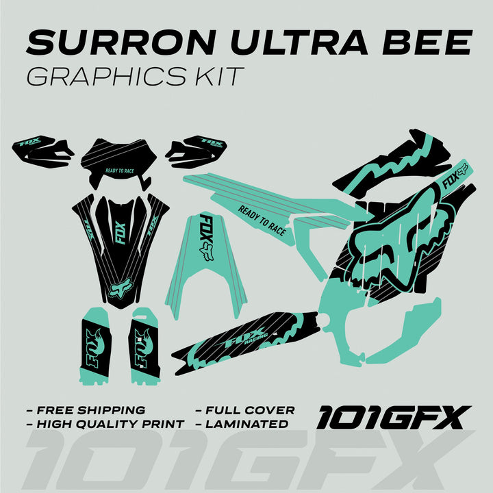 Surron Ultra Bee Graphics Kit FOX STRIPES Black Mint laid out, showcasing black and teal decals with FOX Racing motifs, emphasizing free shipping and high-quality laminated finish.