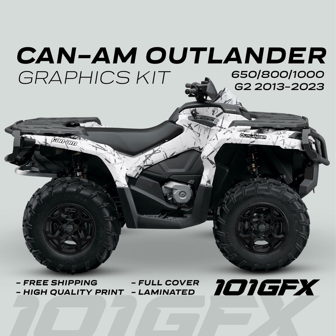 Can-Am OUTLANDER G2 Graphics Kit SCRATCHY WINTER shown in white/gray abstract wrap, highlighting full cover, durability, and easy application for models 2013-2023.