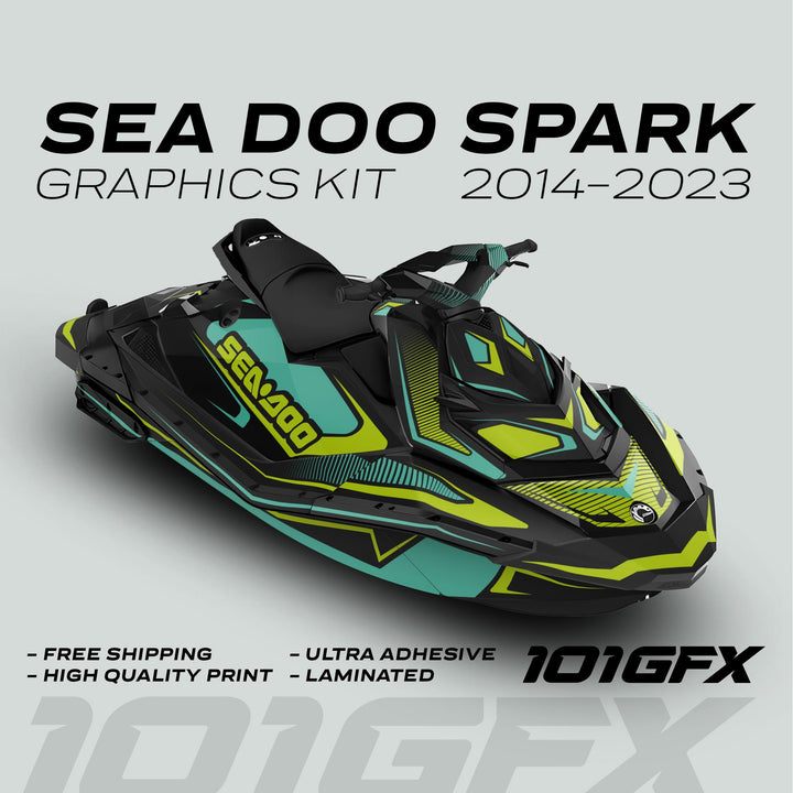 Sea Doo Spark Graphics Kit RACE LINE Mint Green with bold design, high-quality vinyl, easy installation, and features like free shipping and ultra-adhesive durability.