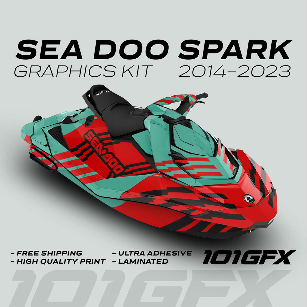 Sea Doo Spark Graphics Kit FAST MINT RED on watercraft, showcasing vibrant design with high-quality, ultra-adhesive vinyl for easy installation and enhanced style.