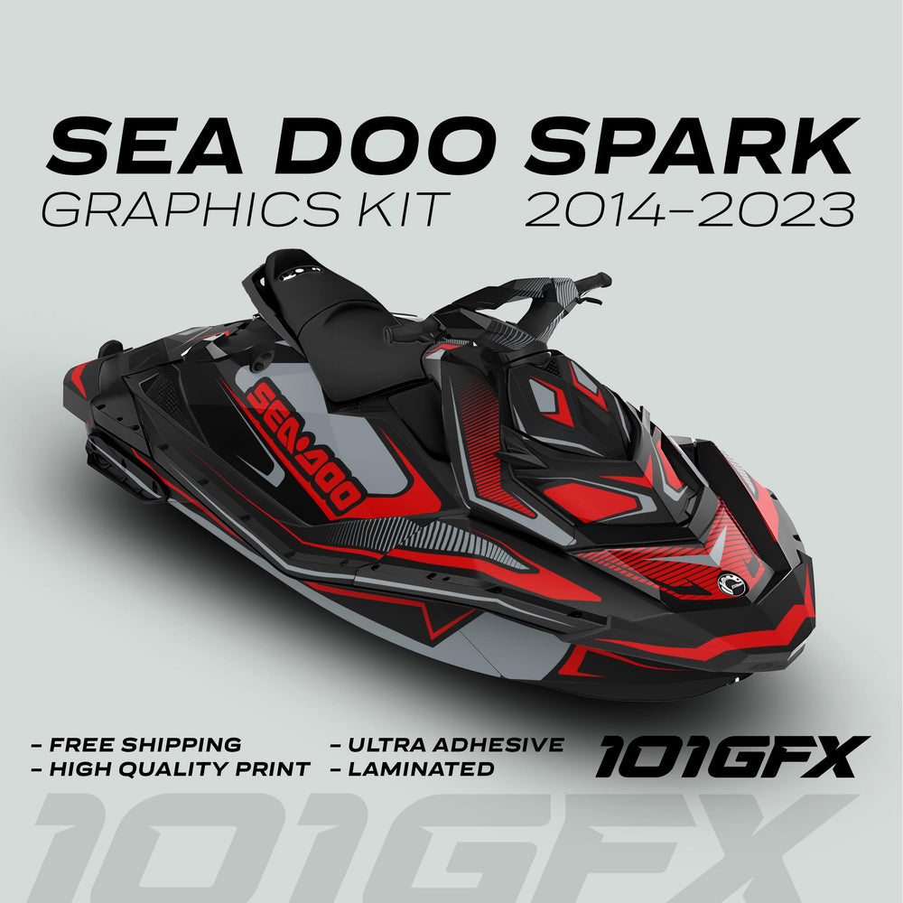 Sea Doo Spark Graphics Kit RACE LINE Red Grey displayed on a jet ski, featuring bold decals with promotional highlights like free shipping and high-quality, durable materials.