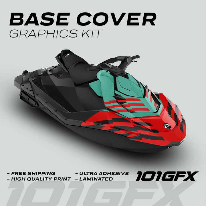 Sea Doo Spark Graphics Kit FAST MINT RED with angular black/teal/red decals on a jet ski, featuring high-quality, ultra-adhesive, laminated vinyl for a perfect fit.