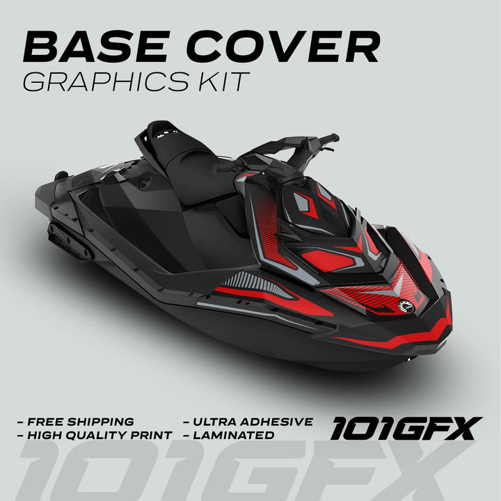 Sea Doo Spark Graphics Kit RACE LINE Red Grey on jet ski, featuring red and gray stripes, with notes on high quality, ultra-adhesive, laminated, and free shipping.