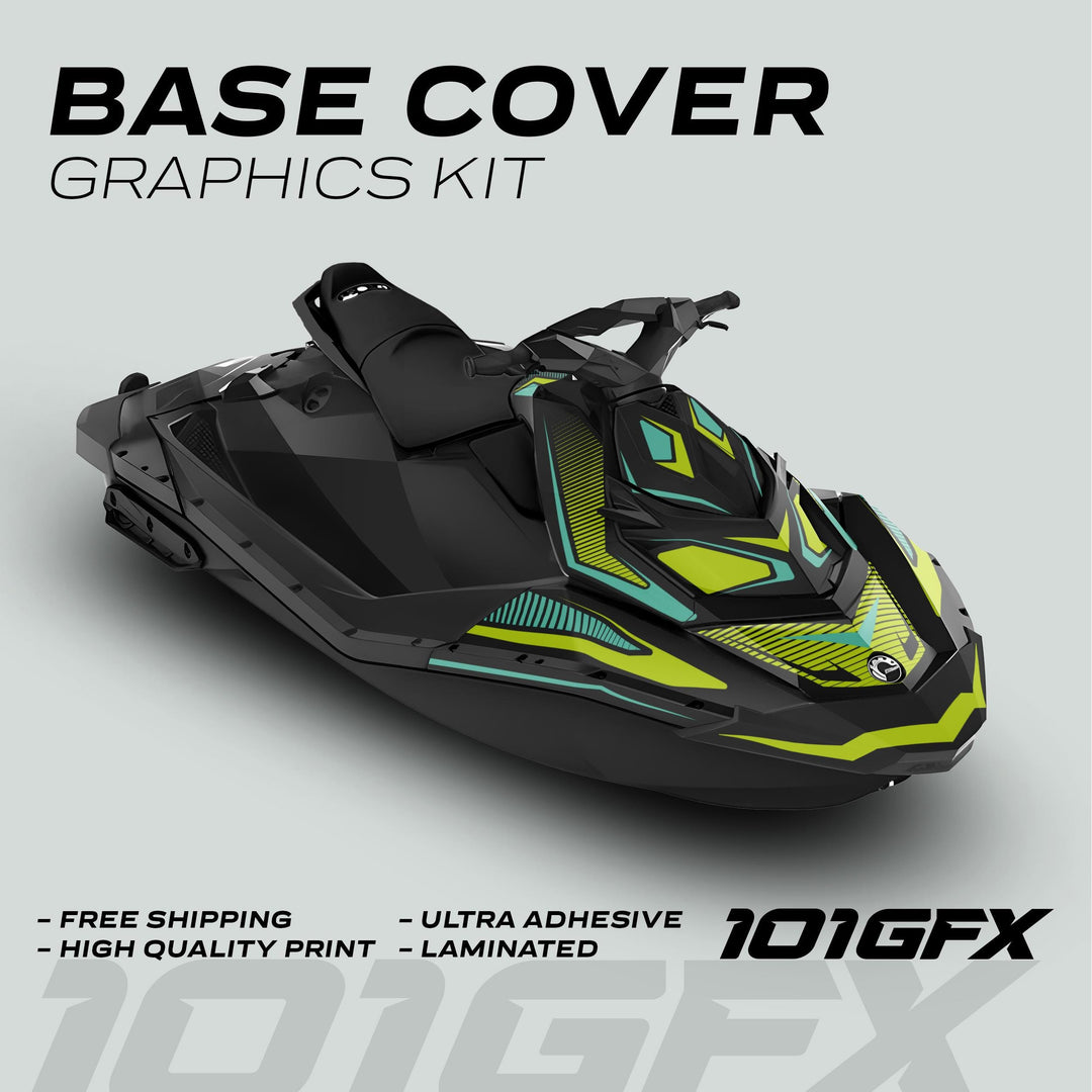 Sea Doo Spark Graphics Kit RACE LINE Mint Green on a jet-ski, featuring bold graphics, high-quality print, ultra-adhesive, and laminated finish.