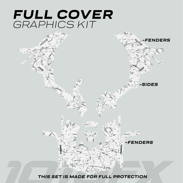 Can-Am OUTLANDER G2 Graphics Kit SCRATCHY WINTER layout, showing vinyl pieces with white and gray splatter pattern for fenders and body panels, enhancing style and protection.