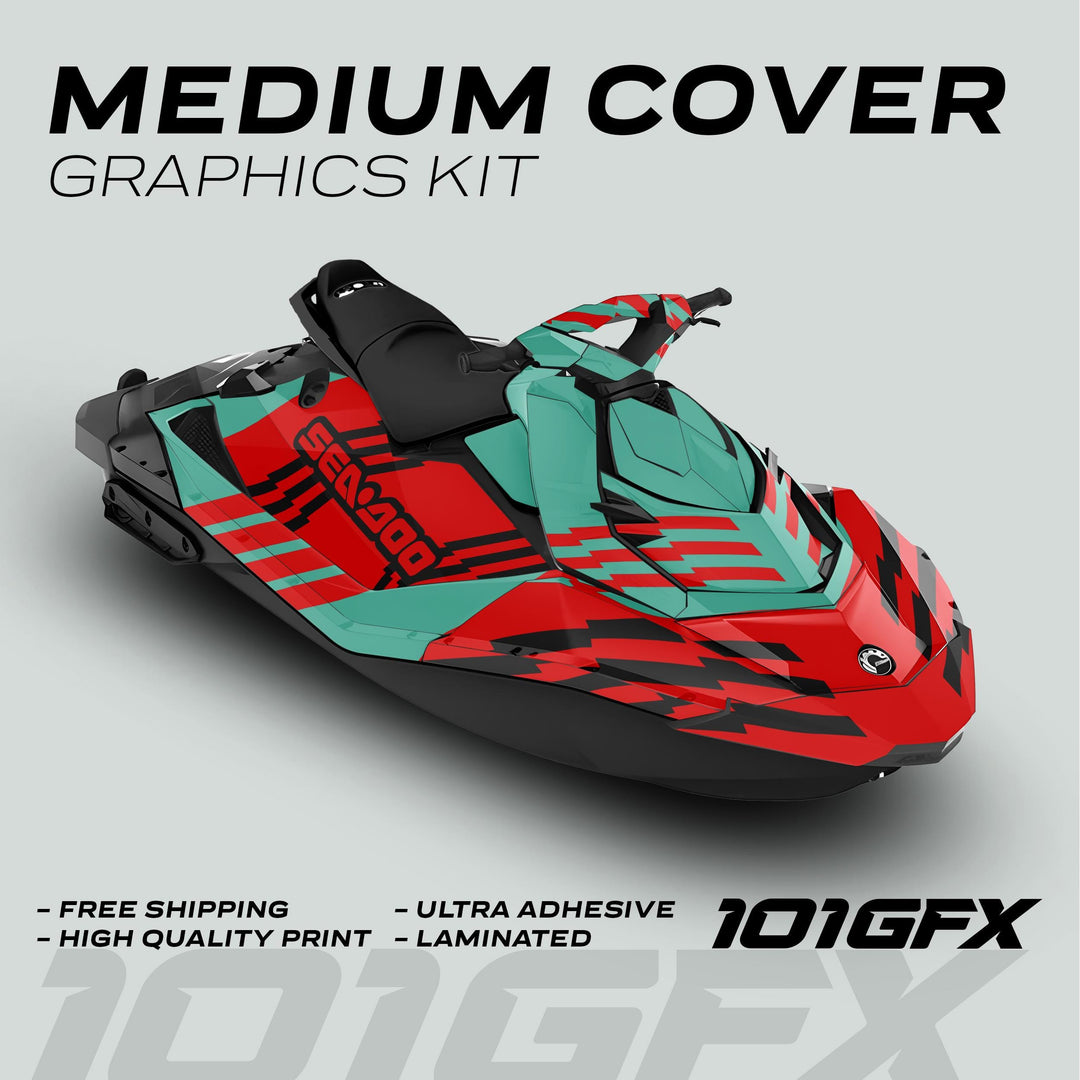 Sea Doo Spark Graphics Kit FAST MINT RED, featuring a vibrant red, teal, and black geometric design on a jet ski, highlighting durability and easy installation.