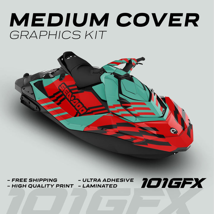 Sea Doo Spark Graphics Kit FAST MINT RED, featuring a vibrant red, teal, and black geometric design on a jet ski, highlighting durability and easy installation.